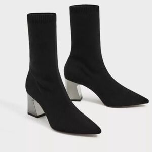 Zara Black Sock Boots Mirrored Silver Block Heel Size 6